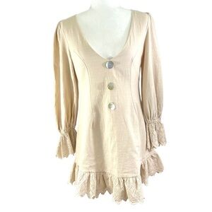 INDIKAH by Angel Biba Nude Low Cut U-neck Ruffle Linen Blend Mini Dress Medium